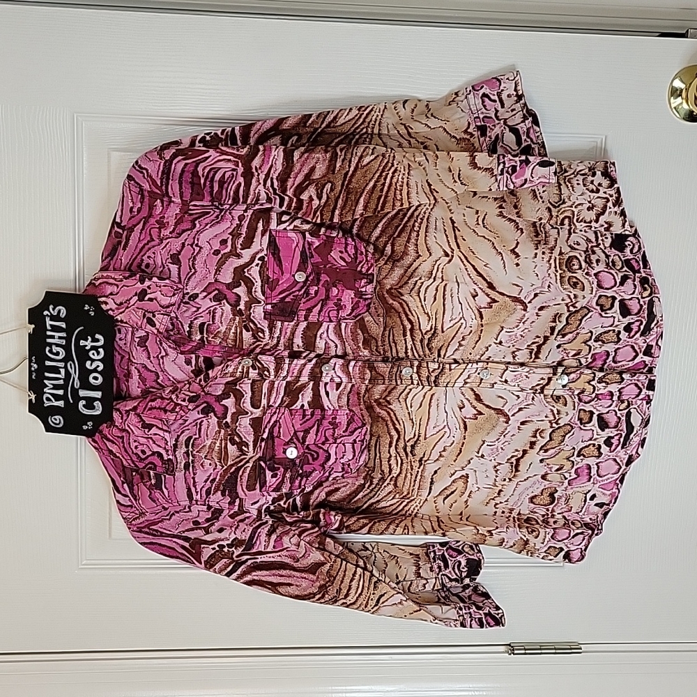 Additions by Chico's Top Animal Print Button Up Large (2) Purple Pink Brown